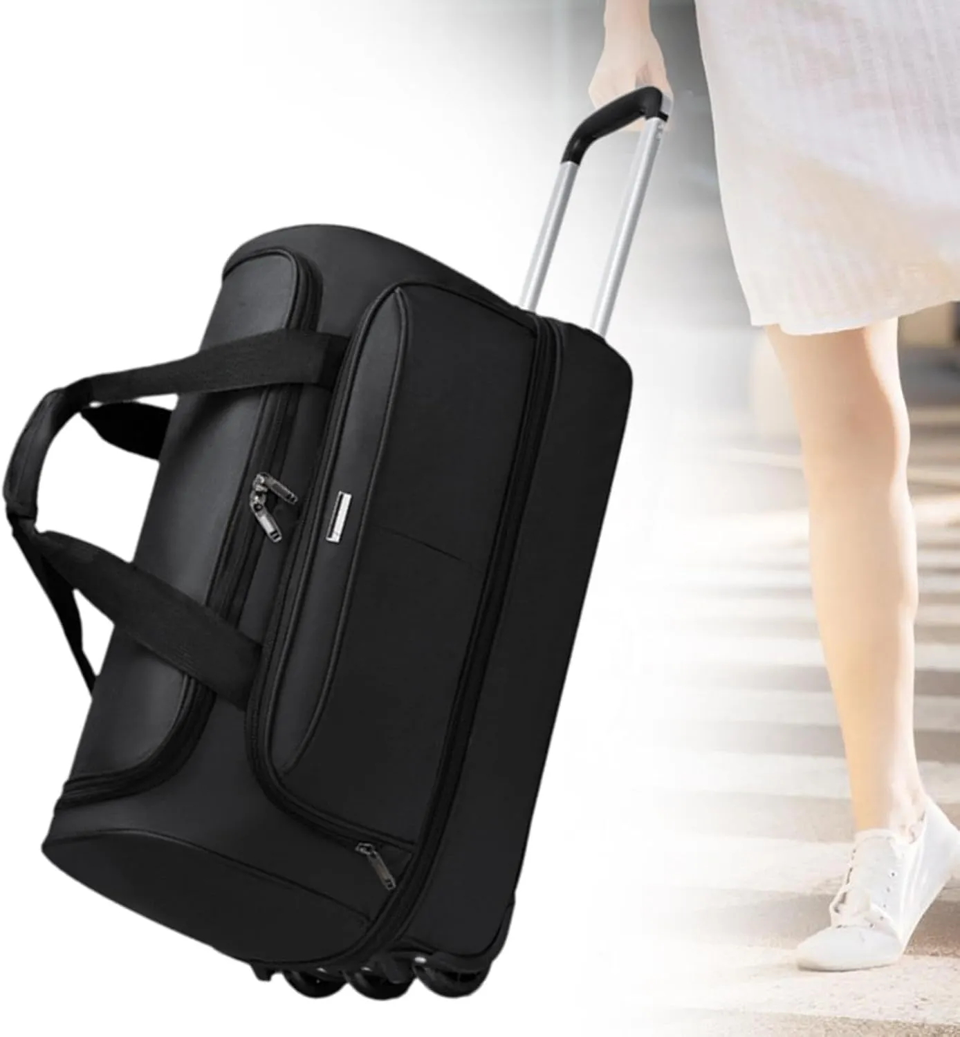 Wheeled Duffel Bag Suitcase Carrier Heavy Duty Rolling Garment Bag Trolley Bag for Picnic Traveling Outdoor Men Business Trip, black, M