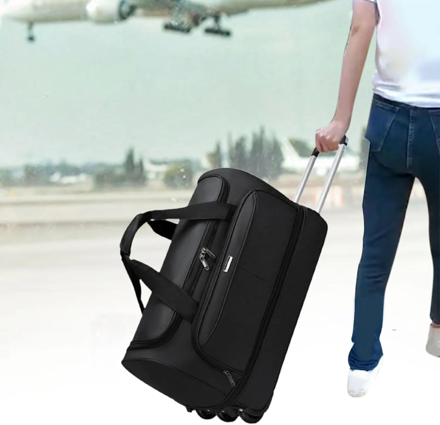 Wheeled Duffel Bag Suitcase Carrier Heavy Duty Rolling Garment Bag Trolley Bag for Picnic Traveling Outdoor Men Business Trip, black, M