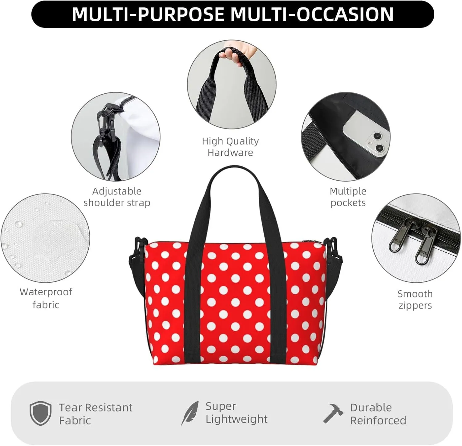 White Polka Dot Travel Duffel Bags for Women Men, Sports Training Gym Bag Dance Bag with Adjustable Shoulder Strap Red Background Weekender Overnight Bag