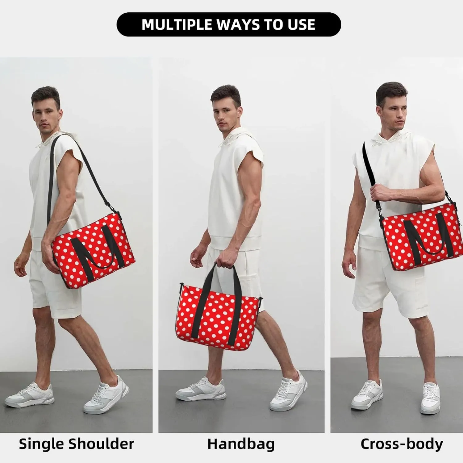 White Polka Dot Travel Duffel Bags for Women Men, Sports Training Gym Bag Dance Bag with Adjustable Shoulder Strap Red Background Weekender Overnight Bag