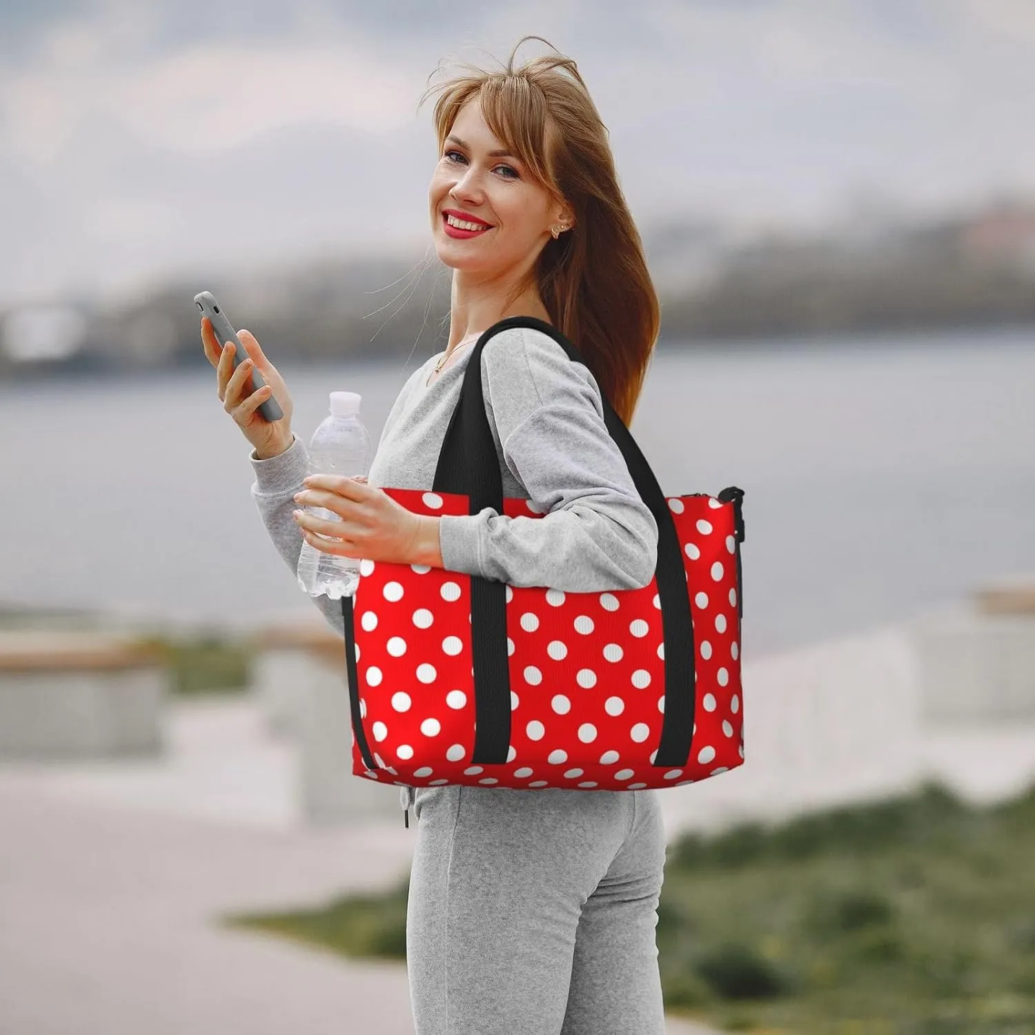 White Polka Dot Travel Duffel Bags for Women Men, Sports Training Gym Bag Dance Bag with Adjustable Shoulder Strap Red Background Weekender Overnight Bag