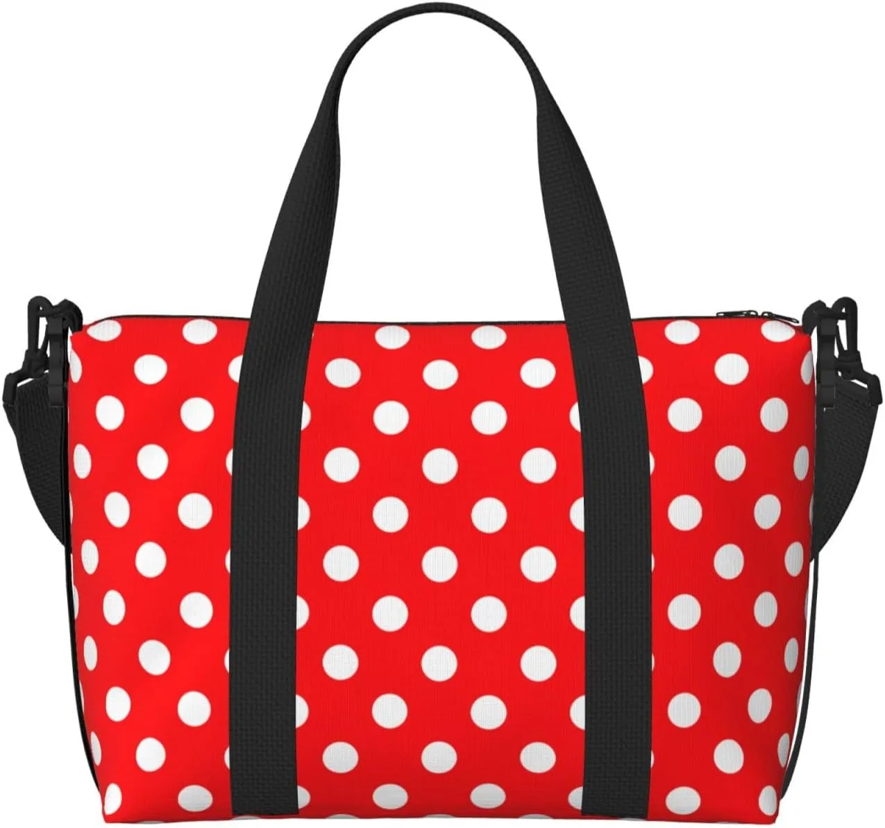 White Polka Dot Travel Duffel Bags for Women Men, Sports Training Gym Bag Dance Bag with Adjustable Shoulder Strap Red Background Weekender Overnight Bag