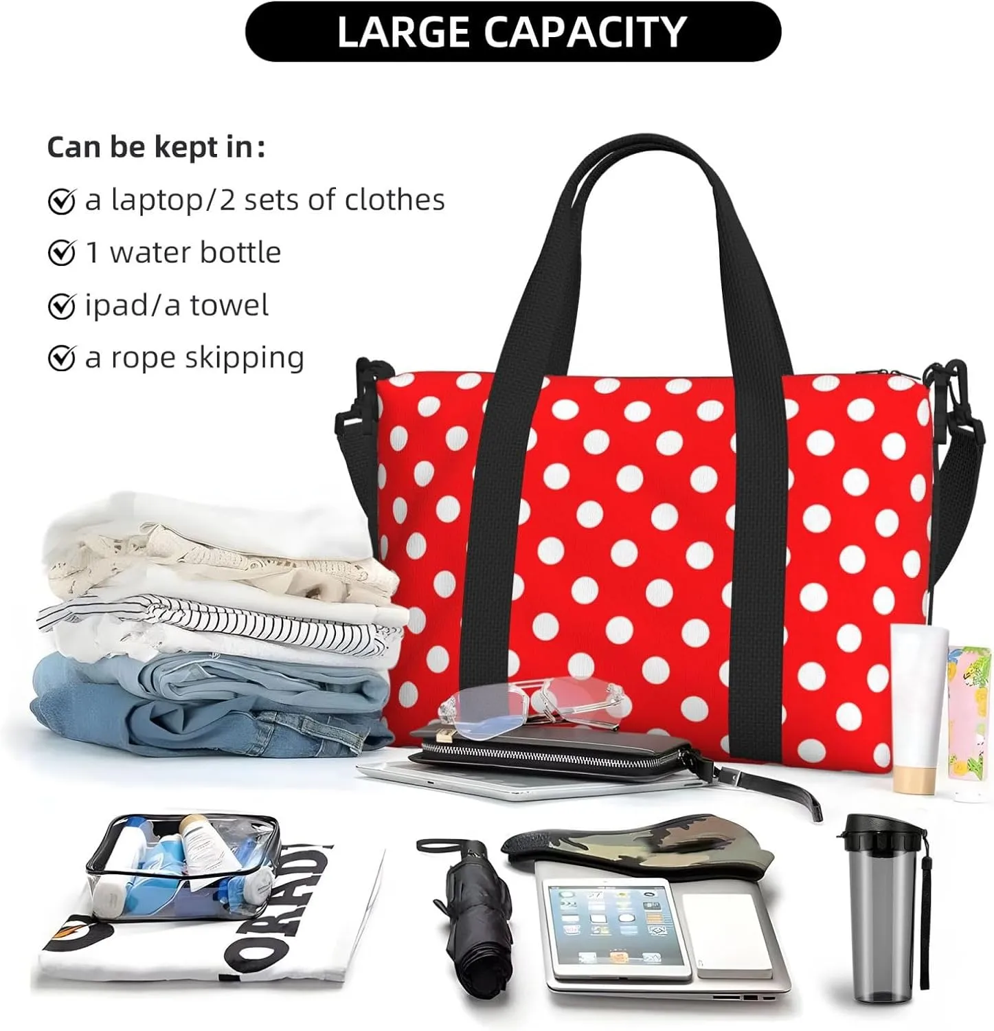 White Polka Dot Travel Duffel Bags for Women Men, Sports Training Gym Bag Dance Bag with Adjustable Shoulder Strap Red Background Weekender Overnight Bag