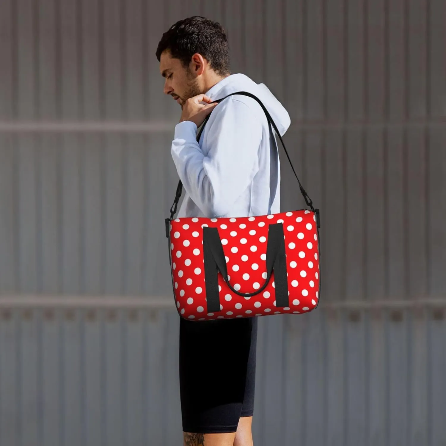 White Polka Dot Travel Duffel Bags for Women Men, Sports Training Gym Bag Dance Bag with Adjustable Shoulder Strap Red Background Weekender Overnight Bag
