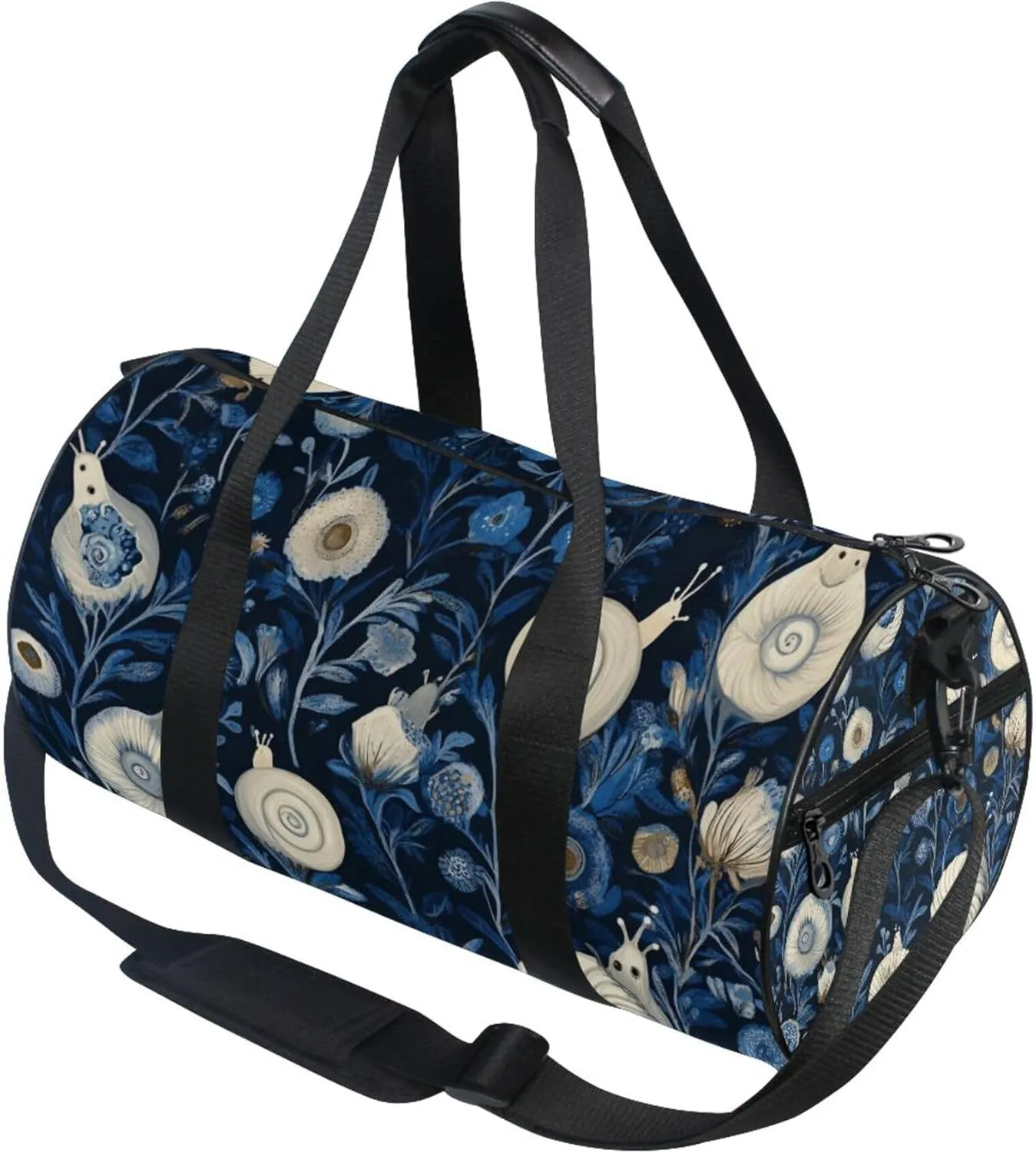 White Snails and Blue Flowers Gym Duffle Bag Women Men Sports Fitness Bag for Travel Workout Gymnastics Dance Ballet