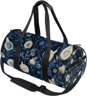 White Snails and Blue Flowers Gym Duffle Bag Women Men Sports Fitness Bag for Travel Workout Gymnastics Dance Ballet