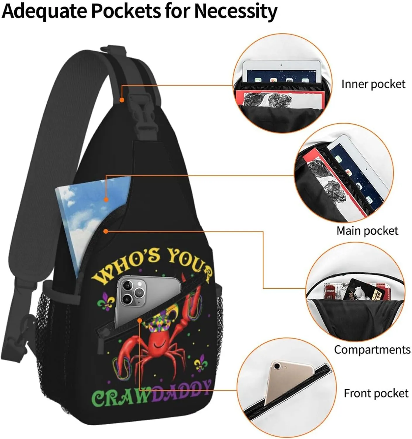 Who's Your Crawdaddy Mardi Gras Mask Beads Crawfish Sling Bag Crossbody Bag Chest Bags Travel Shoulder Backpack