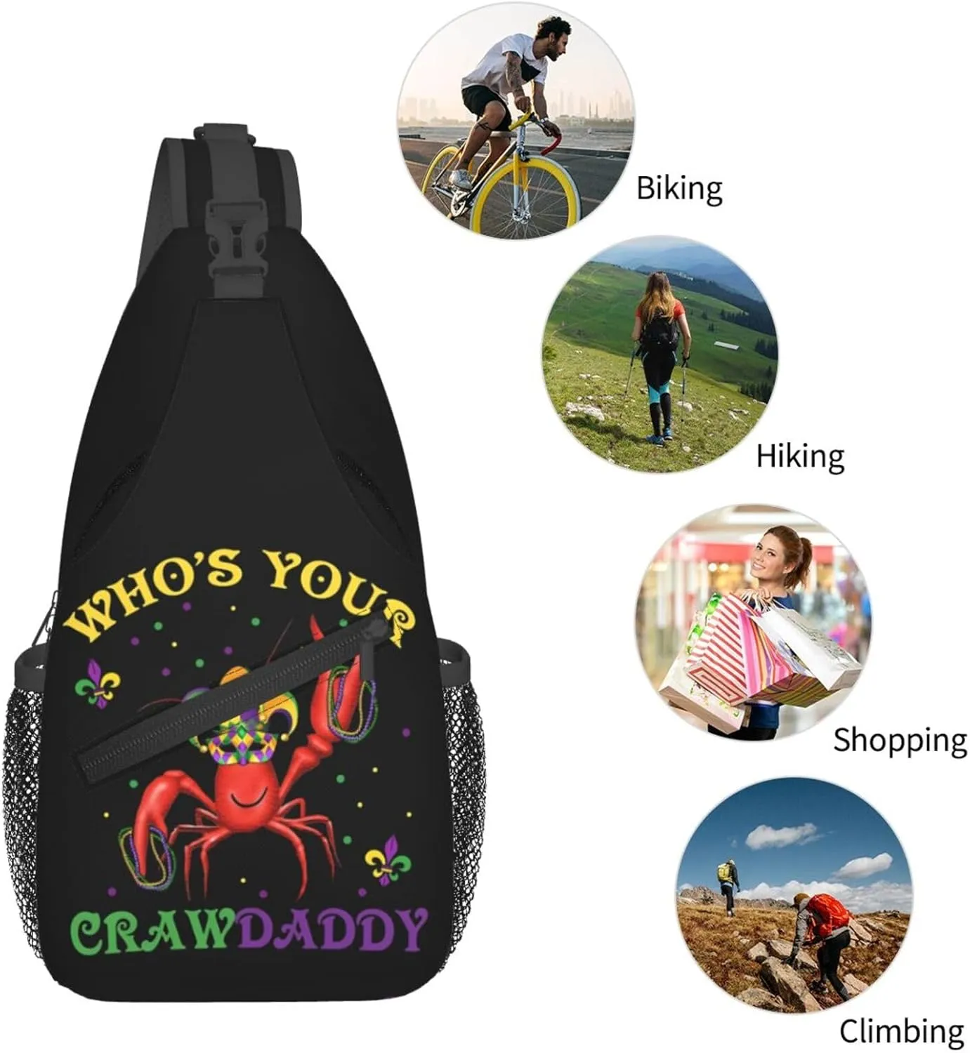 Who's Your Crawdaddy Mardi Gras Mask Beads Crawfish Sling Bag Crossbody Bag Chest Bags Travel Shoulder Backpack