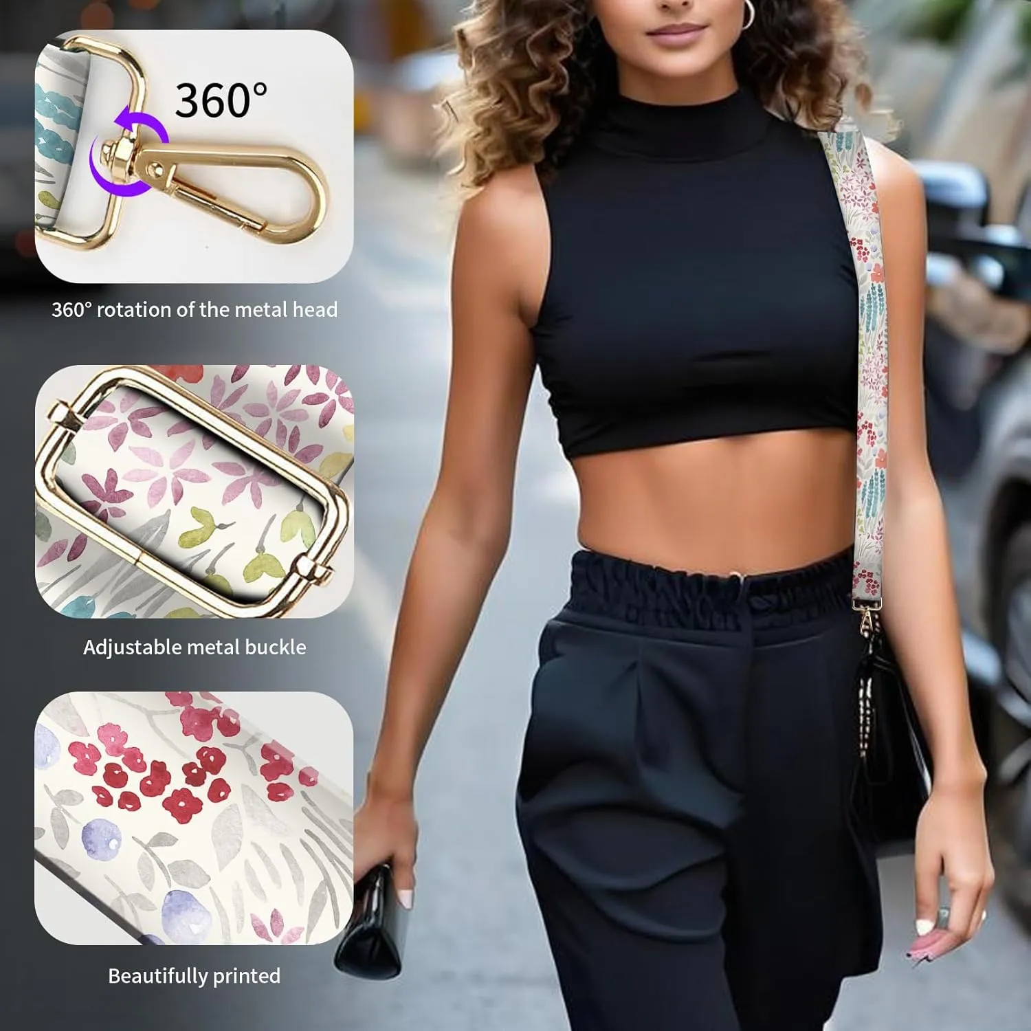 Wide Purse Strap Replacement Crossbody, Funny Shoulder Strap Adjustable, Cute Bag Strap for Women Guitar Purses Colorful Boho Flower Leaf