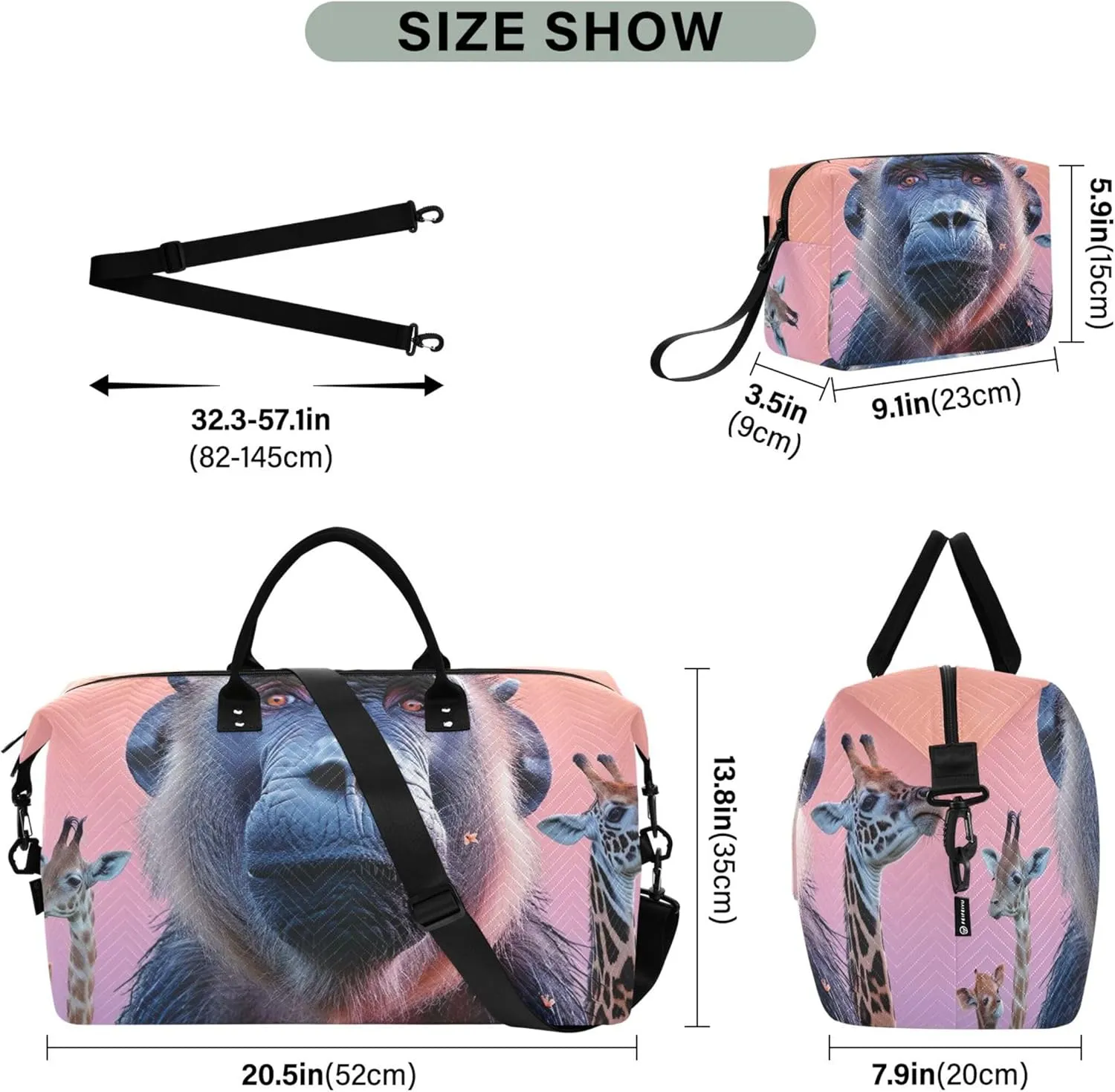 Wild Animals Baboon Duffel Bag Womens Makeup Bag Set of 2, Print Women Luggage Bag Carry on Bags