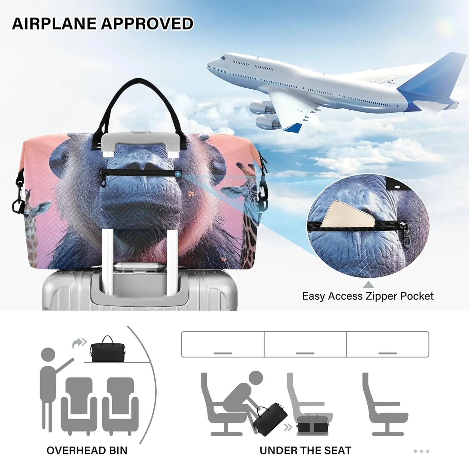Wild Animals Baboon Duffel Bag Womens Makeup Bag Set of 2, Print Women Luggage Bag Carry on Bags