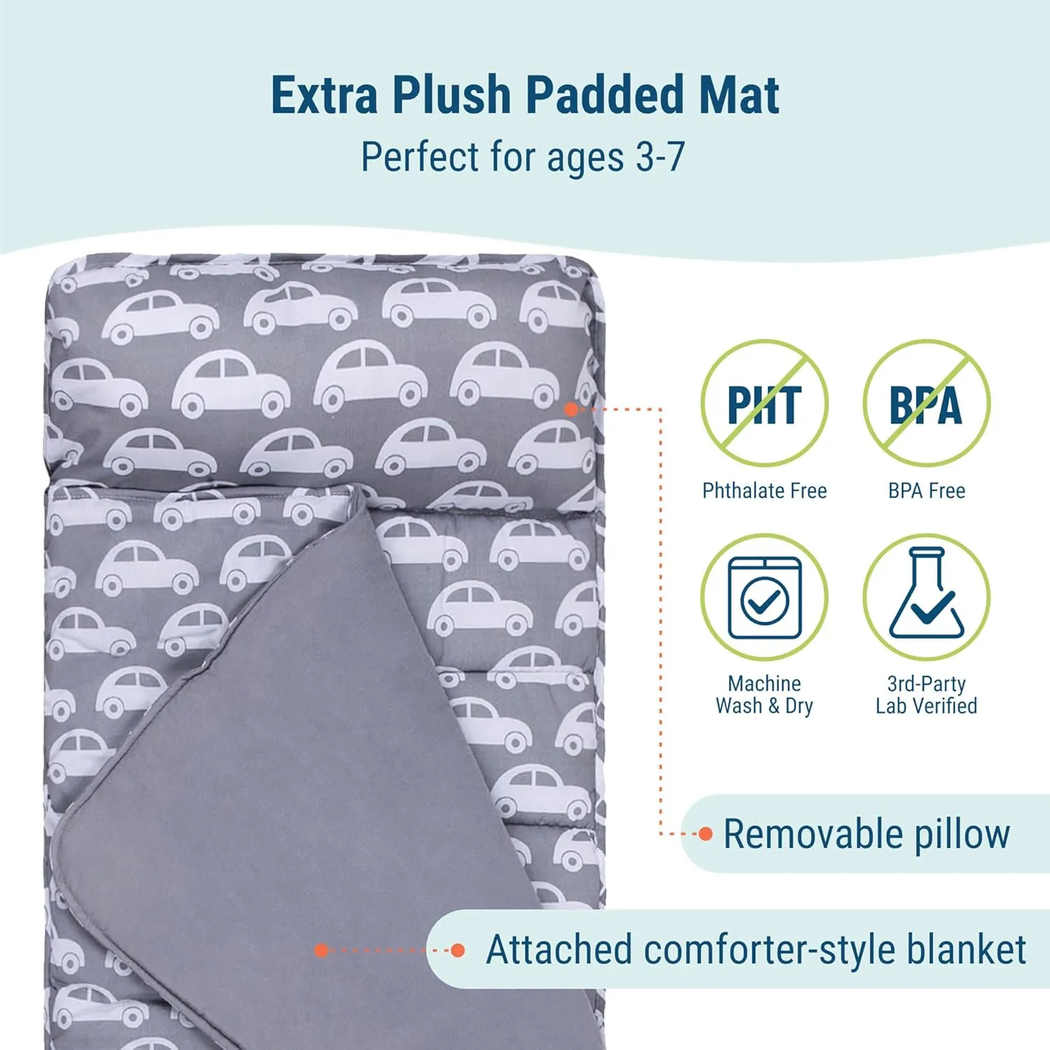 Wildkin Kids Original Nap Mat – Cozy Kids Sleep Mat with Pillow, Ideal for School & Travel - Cars