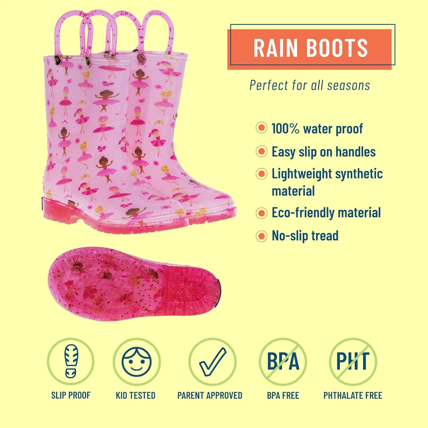 Wildkin Kids Rain Boots – 100% Waterproof with Slip-Resistant Tread & Easy Pull Handles