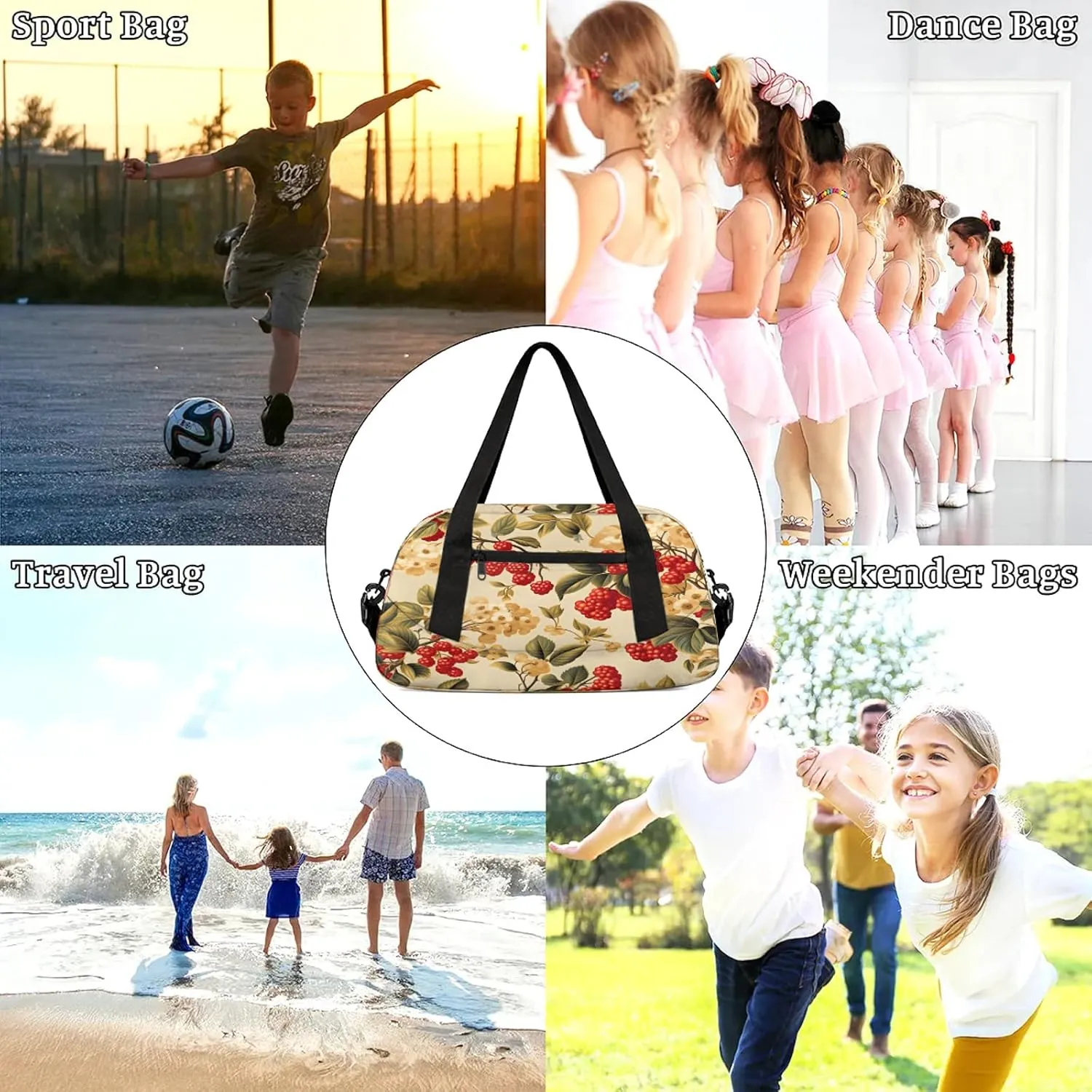 Winter Red Fruit Print Kids Duffel Bag Lightweight Waterproof Sports Gym Bag with Front Zipper Pocket Foldable Weekender Overnight Bag for School Practice Gymnastic Ballet