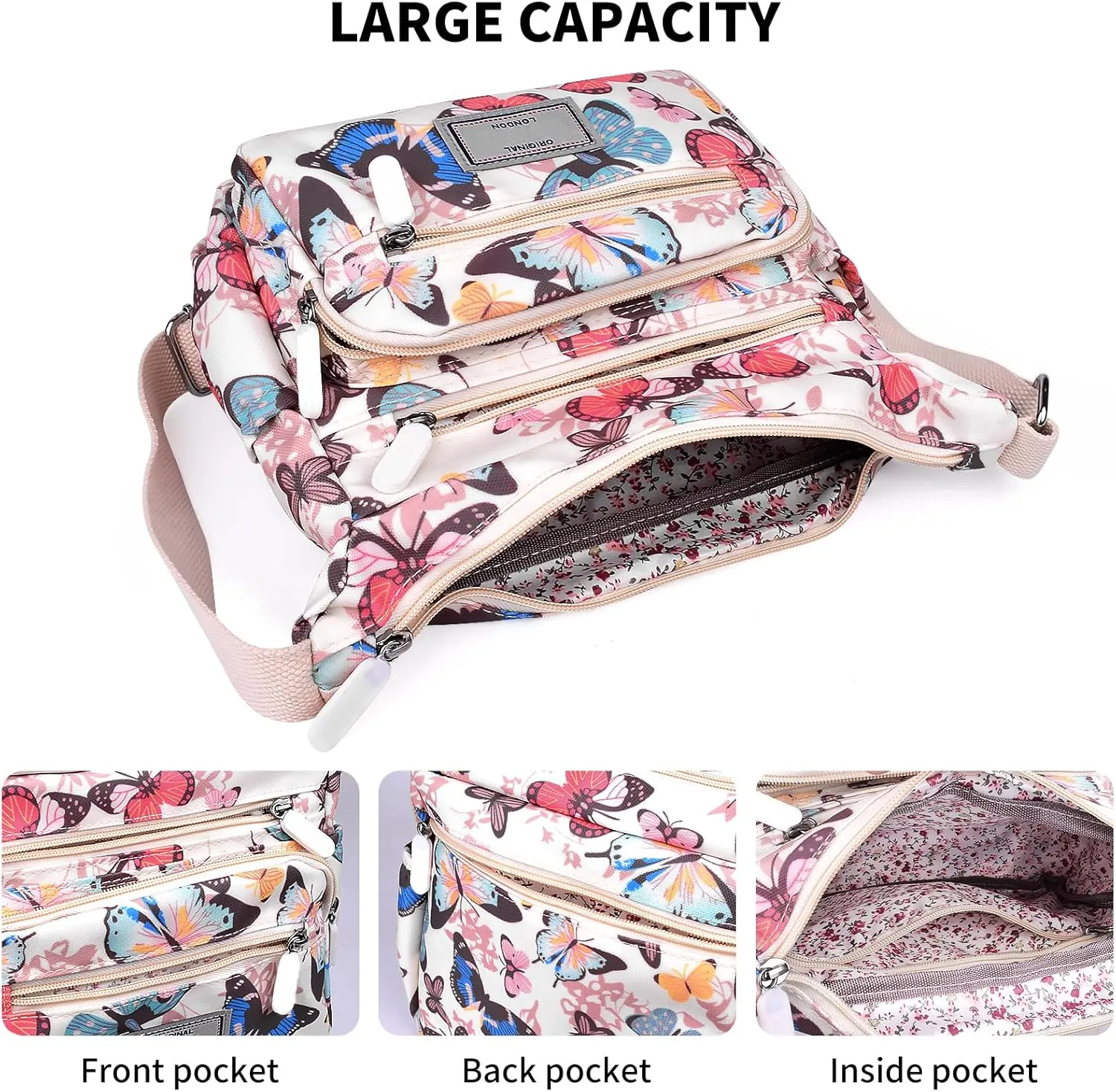 WITERY Crossboby Bag for Women - Waterproof Nylon Multi-Pocket Purse Floral Shoulder Bag Zipper Handbag Messenger Bag