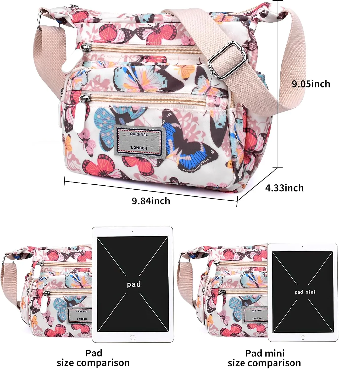WITERY Crossboby Bag for Women - Waterproof Nylon Multi-Pocket Purse Floral Shoulder Bag Zipper Handbag Messenger Bag