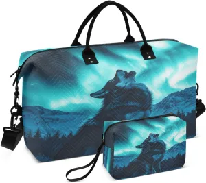 Wolf Snow Mountain Aurora Blue Travel Duffel Bag with Toiletry Bag Weekender Bag for Carry on Sports Gym Bag for Sports Yoga Gym