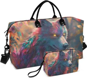 Wolf Yellow Leaves Travel Duffel Bag with Toiletry Bag Weekender Bag for Carry on Sports Gym Bag for Weekend Travel Sports