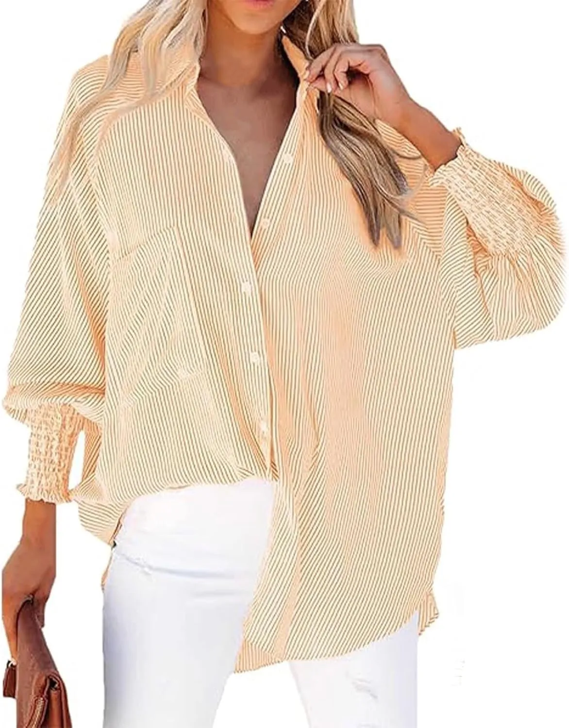 womanEthereal Stripe Blouse with Pockets, Mid-Length Shirt with Striped Lapel, Flowy Button Down Shirts, Puff Sleeve Tops