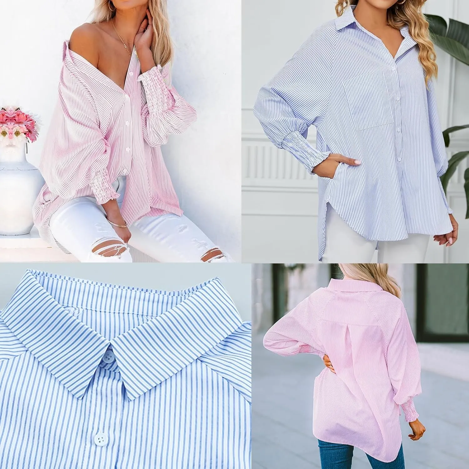 womanEthereal Stripe Blouse with Pockets, Mid-Length Shirt with Striped Lapel, Flowy Button Down Shirts, Puff Sleeve Tops