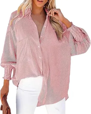 womanEthereal Stripe Blouse with Pockets, Mid-Length Shirt with Striped Lapel, Flowy Button Down Shirts, Puff Sleeve Tops