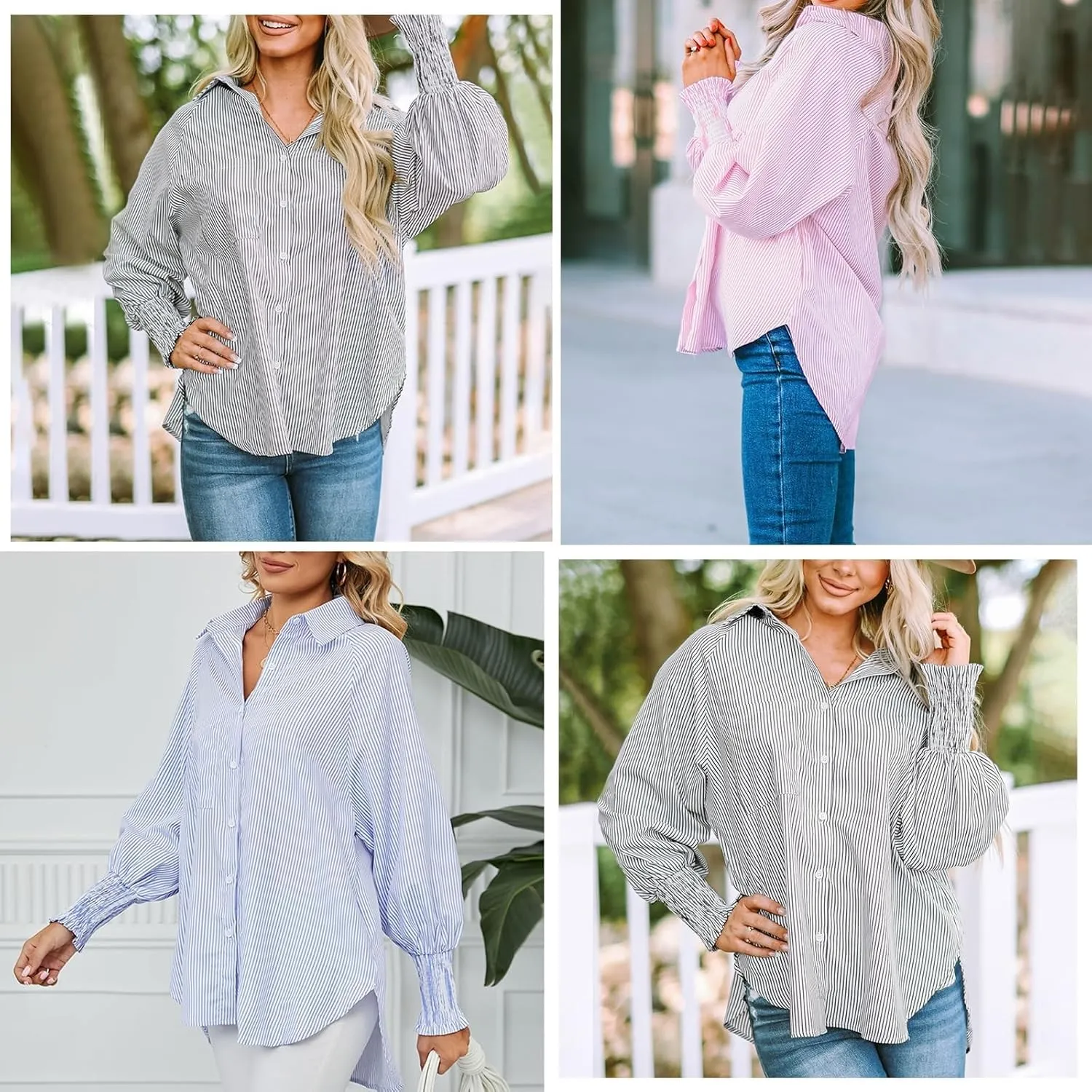 womanEthereal Stripe Blouse with Pockets, Mid-Length Shirt with Striped Lapel, Flowy Button Down Shirts, Puff Sleeve Tops