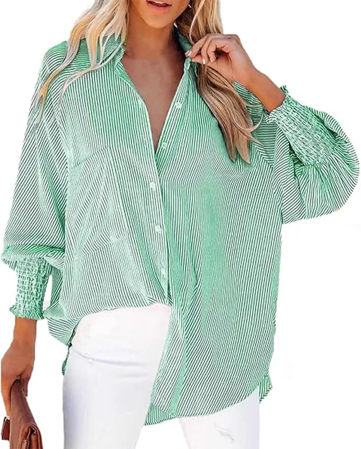 womanEthereal Stripe Blouse with Pockets, Mid-Length Shirt with Striped Lapel, Flowy Button Down Shirts, Puff Sleeve Tops