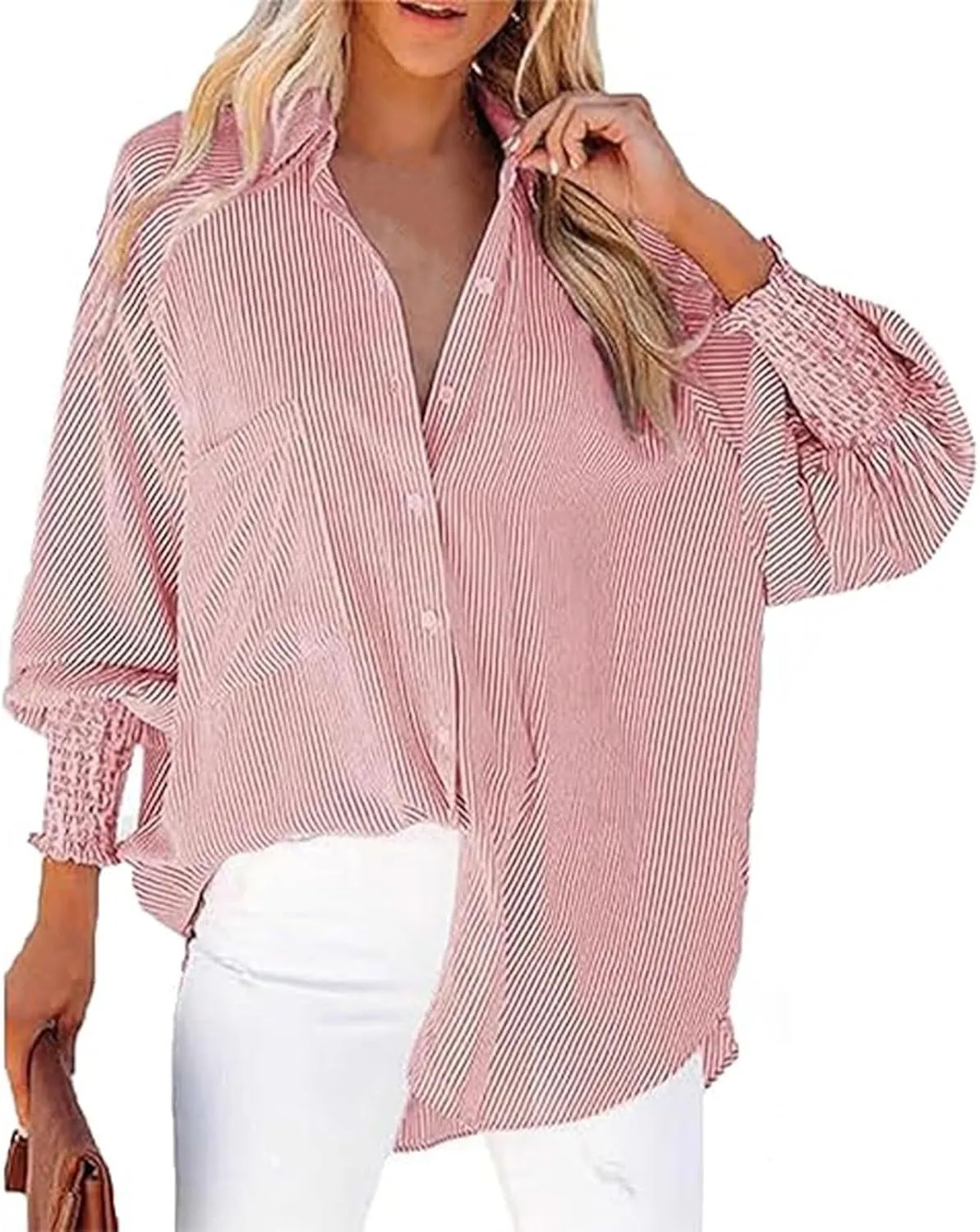 womanEthereal Stripe Blouse with Pockets, Mid-Length Shirt with Striped Lapel, Flowy Button Down Shirts, Puff Sleeve Tops