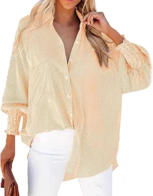 womanEthereal Stripe Blouse with Pockets, Mid-Length Shirt with Striped Lapel, Flowy Button Down Shirts, Puff Sleeve Tops