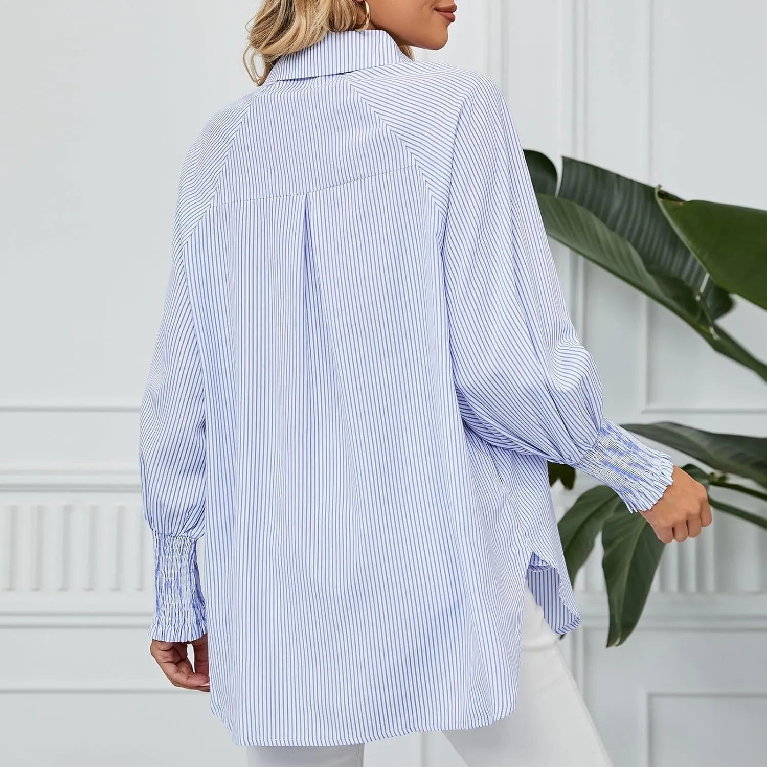 womanEthereal Stripe Blouse with Pockets, Mid-Length Shirt with Striped Lapel, Flowy Button Down Shirts, Puff Sleeve Tops