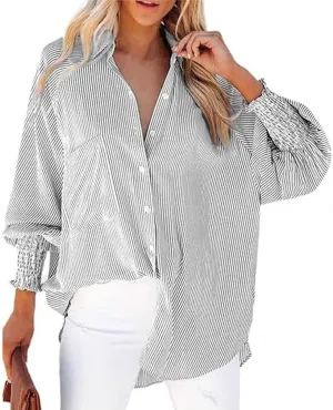 womanEthereal Stripe Blouse with Pockets, Mid-Length Shirt with Striped Lapel, Flowy Button Down Shirts, Puff Sleeve Tops
