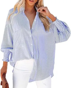 womanEthereal Stripe Blouse with Pockets, Mid-Length Shirt with Striped Lapel, Flowy Button Down Shirts, Puff Sleeve Tops