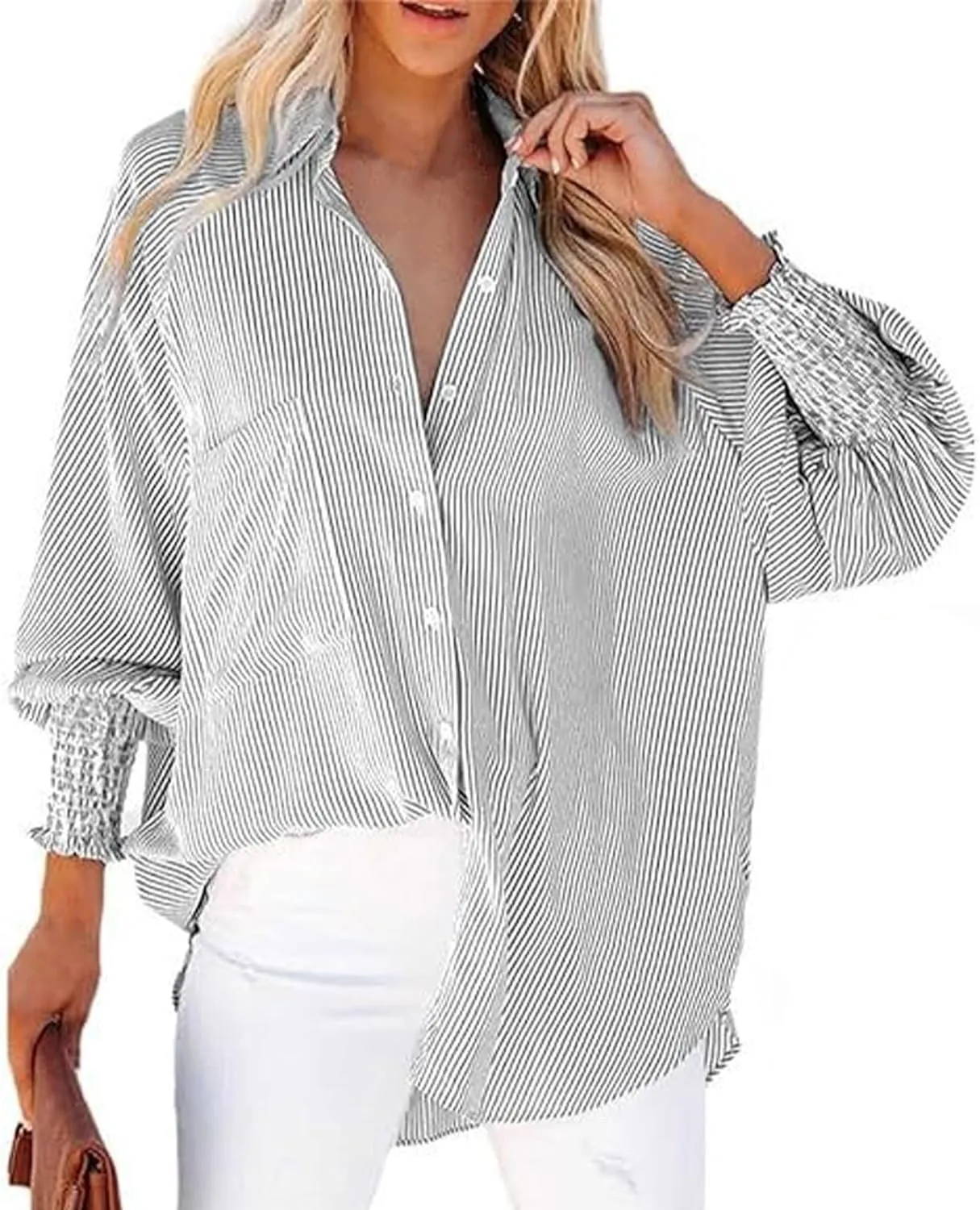 womanEthereal Stripe Blouse with Pockets, Mid-Length Shirt with Striped Lapel, Flowy Button Down Shirts, Puff Sleeve Tops