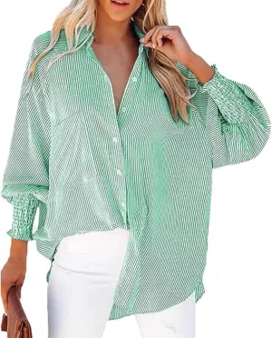 womanEthereal Stripe Blouse with Pockets, Mid-Length Shirt with Striped Lapel, Flowy Button Down Shirts, Puff Sleeve Tops