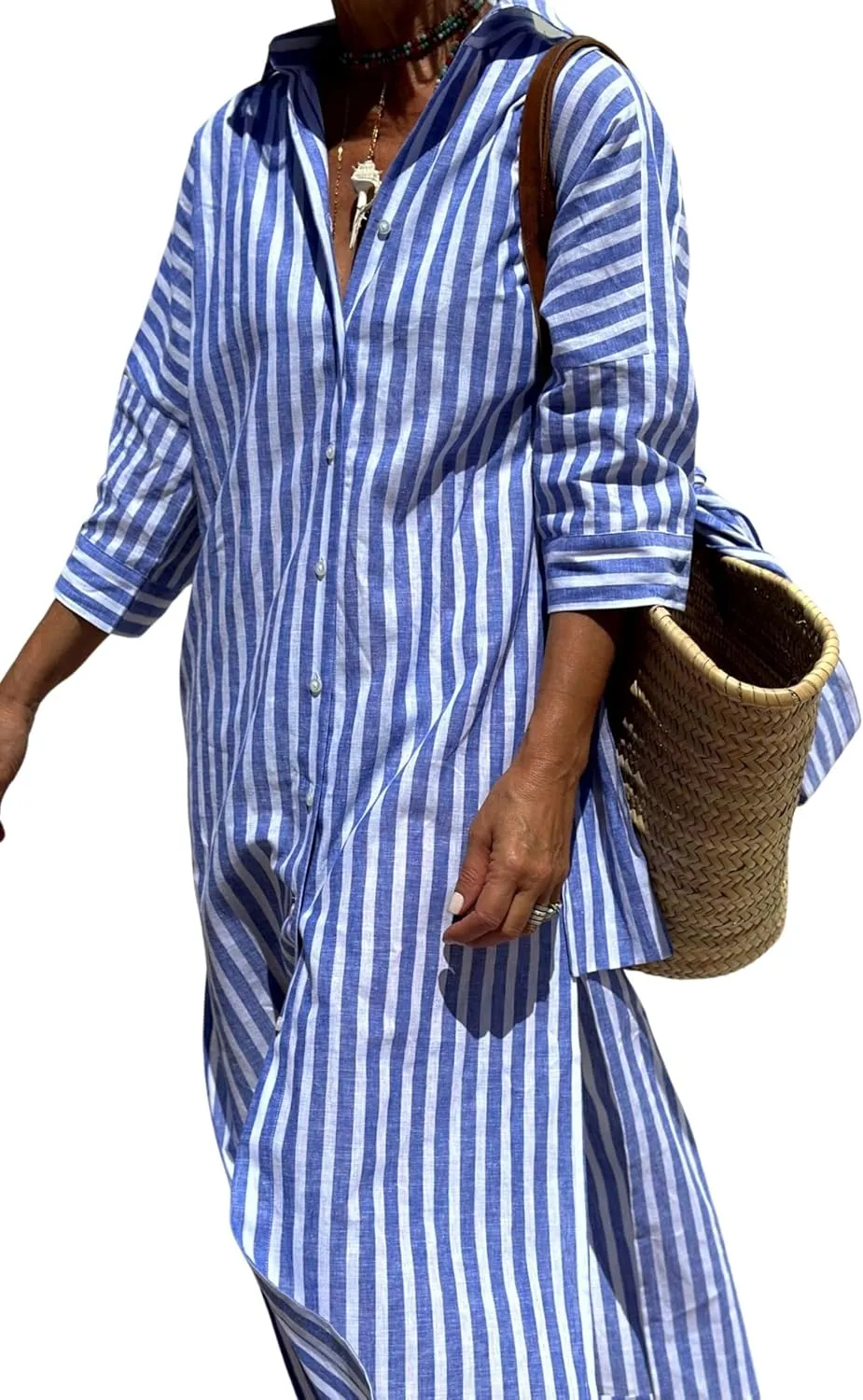 Women Button Down Striped Shirt Maxi Dress Casual Lapel 3/4 Sleeve Belted Loose Cotton Vacation Long Dresses