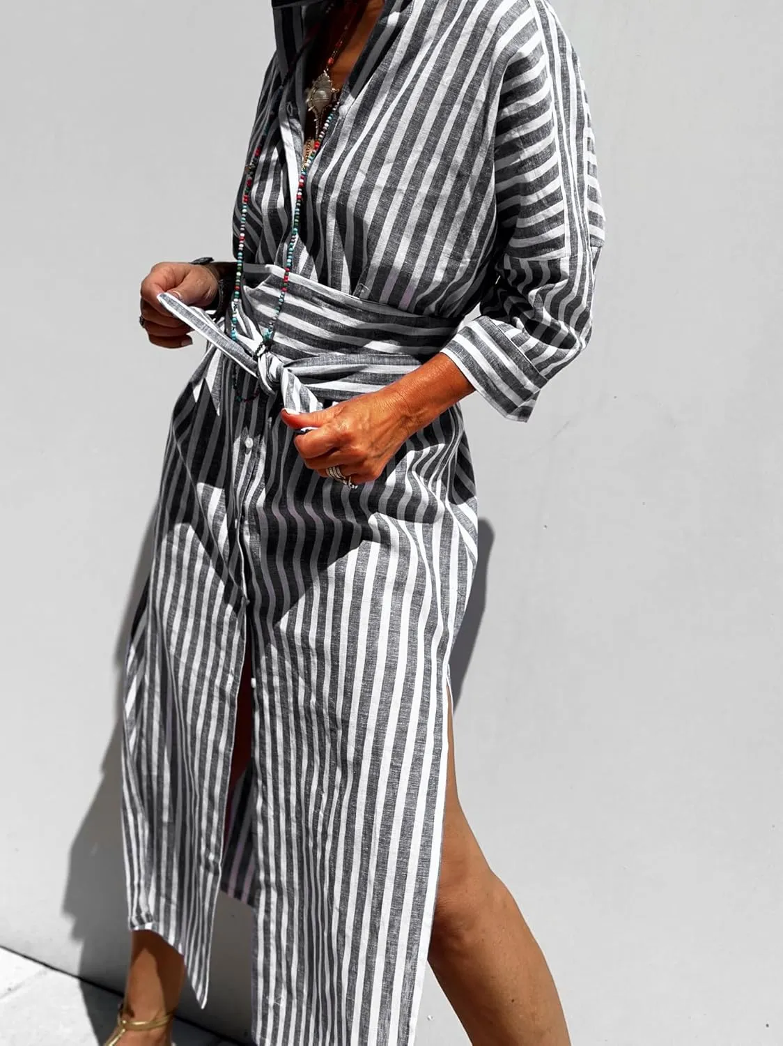 Women Button Down Striped Shirt Maxi Dress Casual Lapel 3/4 Sleeve Belted Loose Cotton Vacation Long Dresses