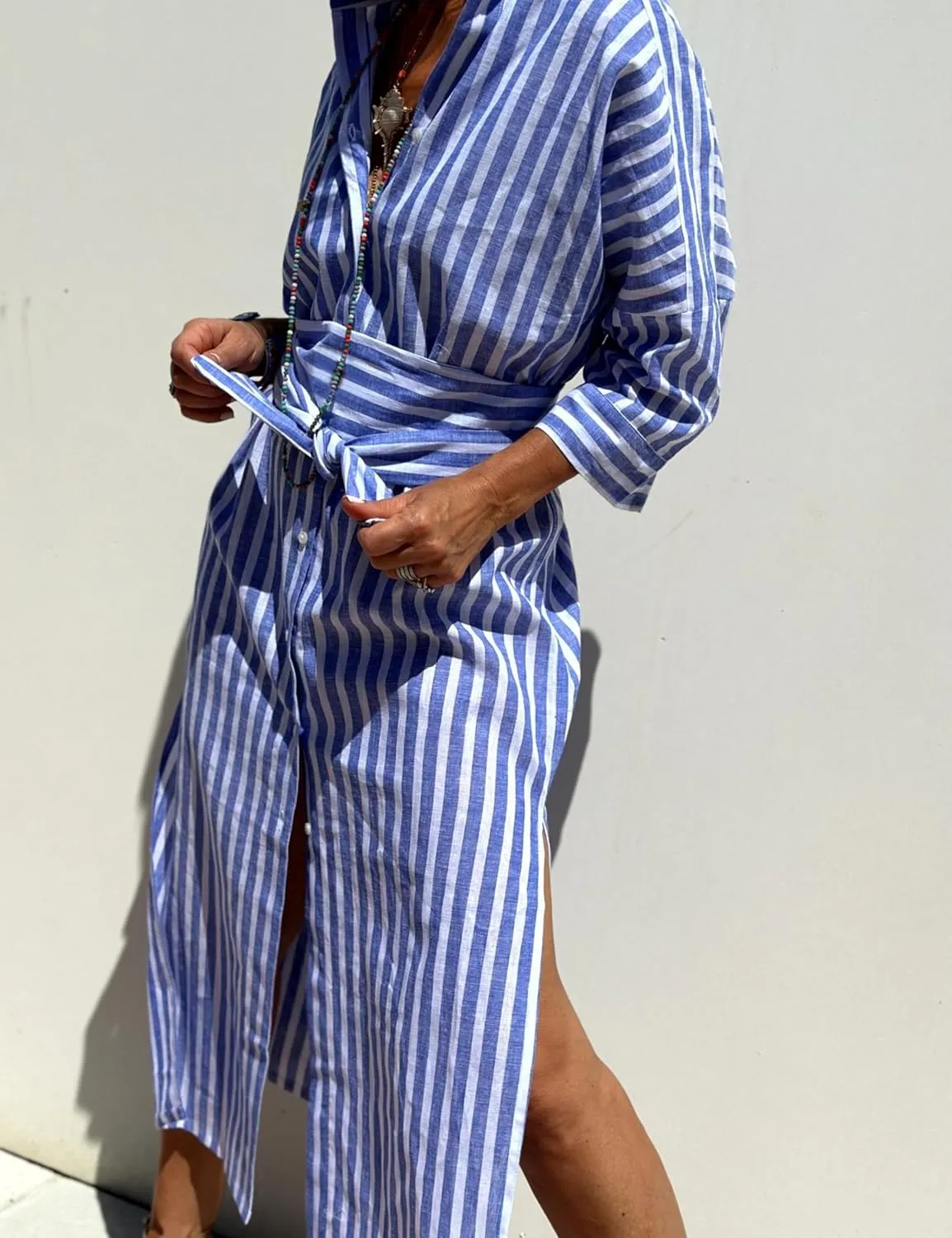Women Button Down Striped Shirt Maxi Dress Casual Lapel 3/4 Sleeve Belted Loose Cotton Vacation Long Dresses