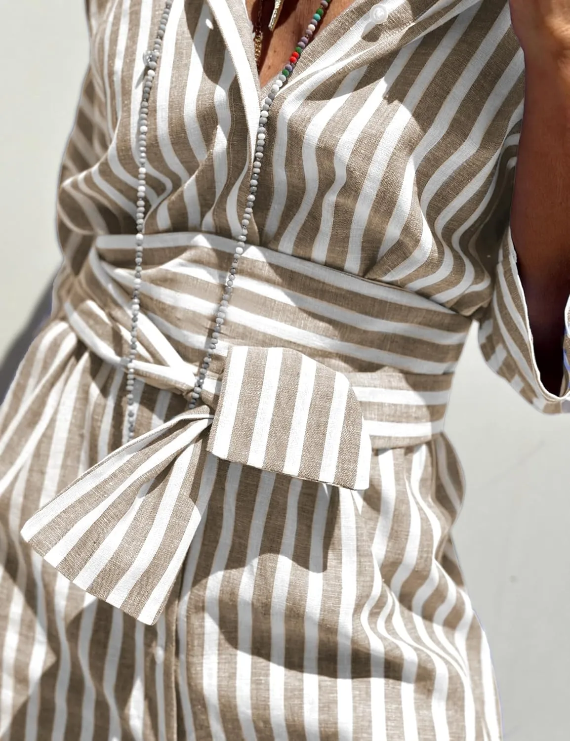 Women Button Down Striped Shirt Maxi Dress Casual Lapel 3/4 Sleeve Belted Loose Cotton Vacation Long Dresses