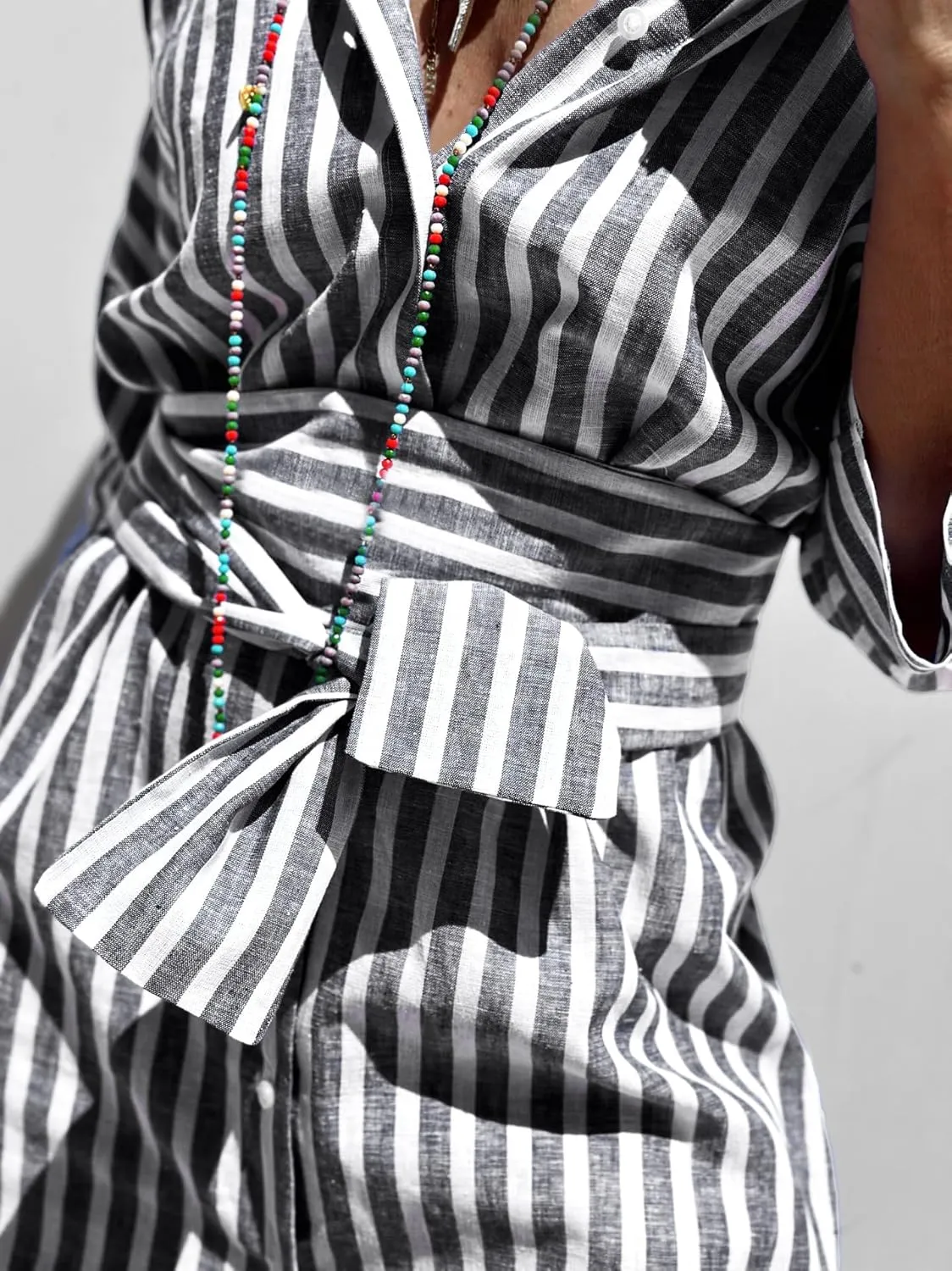Women Button Down Striped Shirt Maxi Dress Casual Lapel 3/4 Sleeve Belted Loose Cotton Vacation Long Dresses