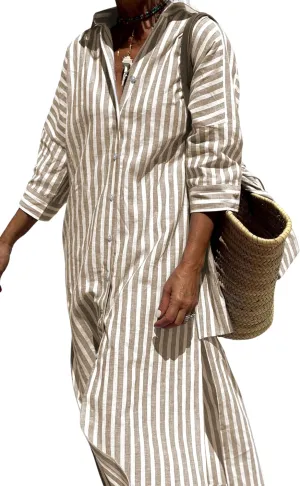 Women Button Down Striped Shirt Maxi Dress Casual Lapel 3/4 Sleeve Belted Loose Cotton Vacation Long Dresses