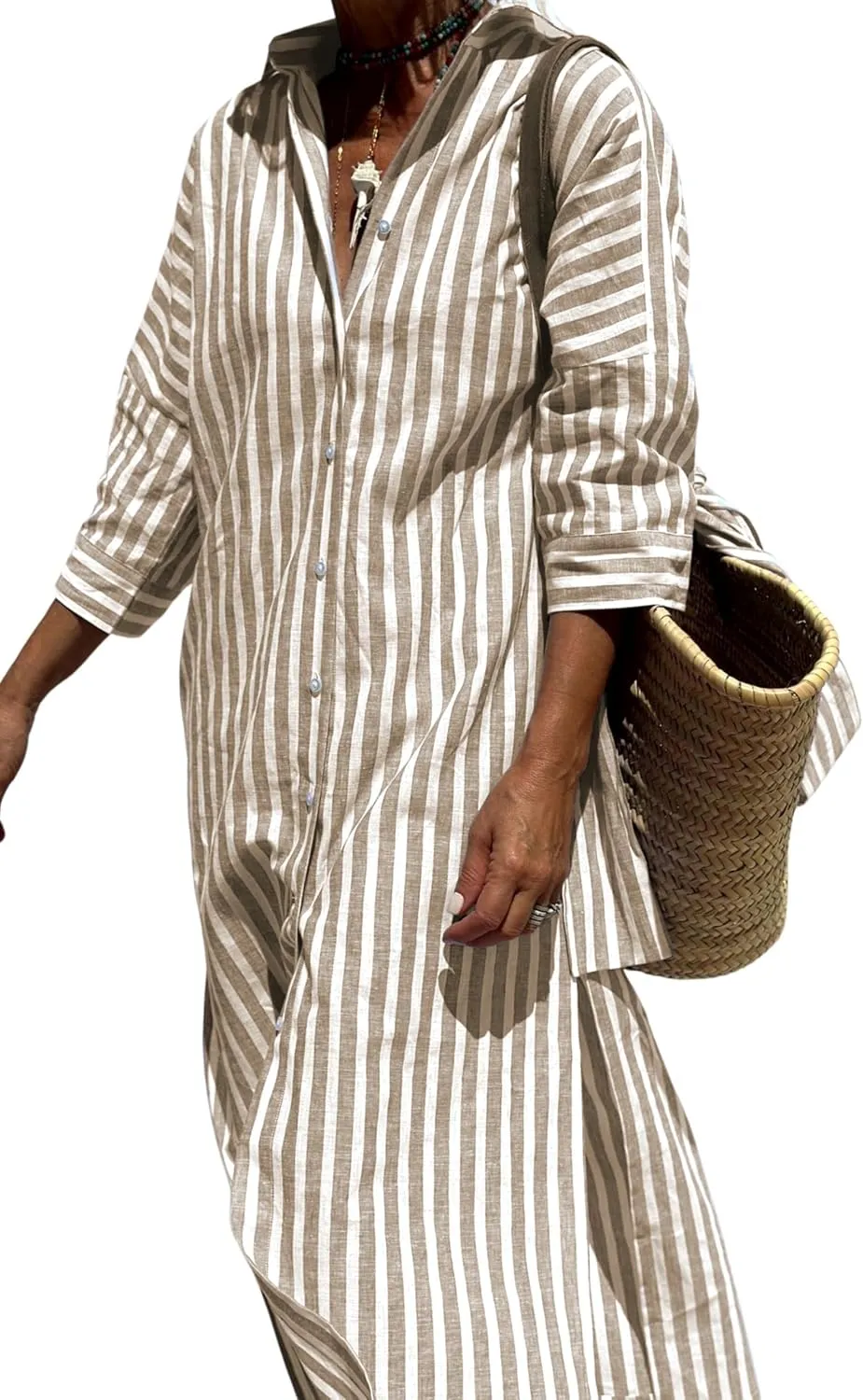 Women Button Down Striped Shirt Maxi Dress Casual Lapel 3/4 Sleeve Belted Loose Cotton Vacation Long Dresses