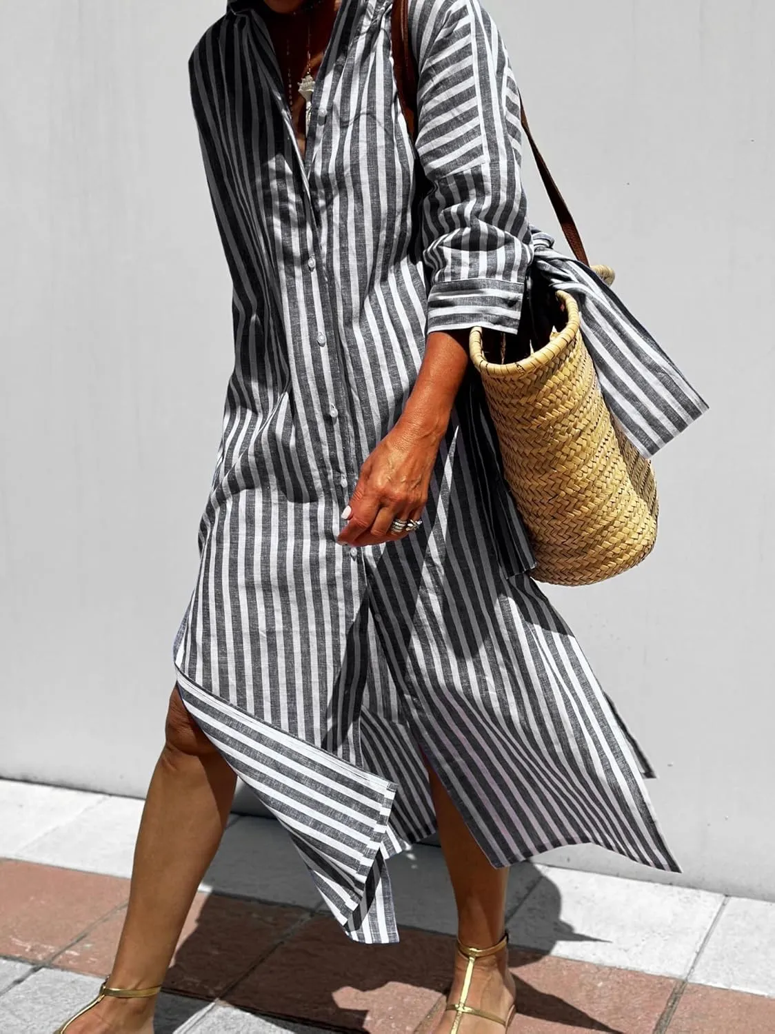 Women Button Down Striped Shirt Maxi Dress Casual Lapel 3/4 Sleeve Belted Loose Cotton Vacation Long Dresses
