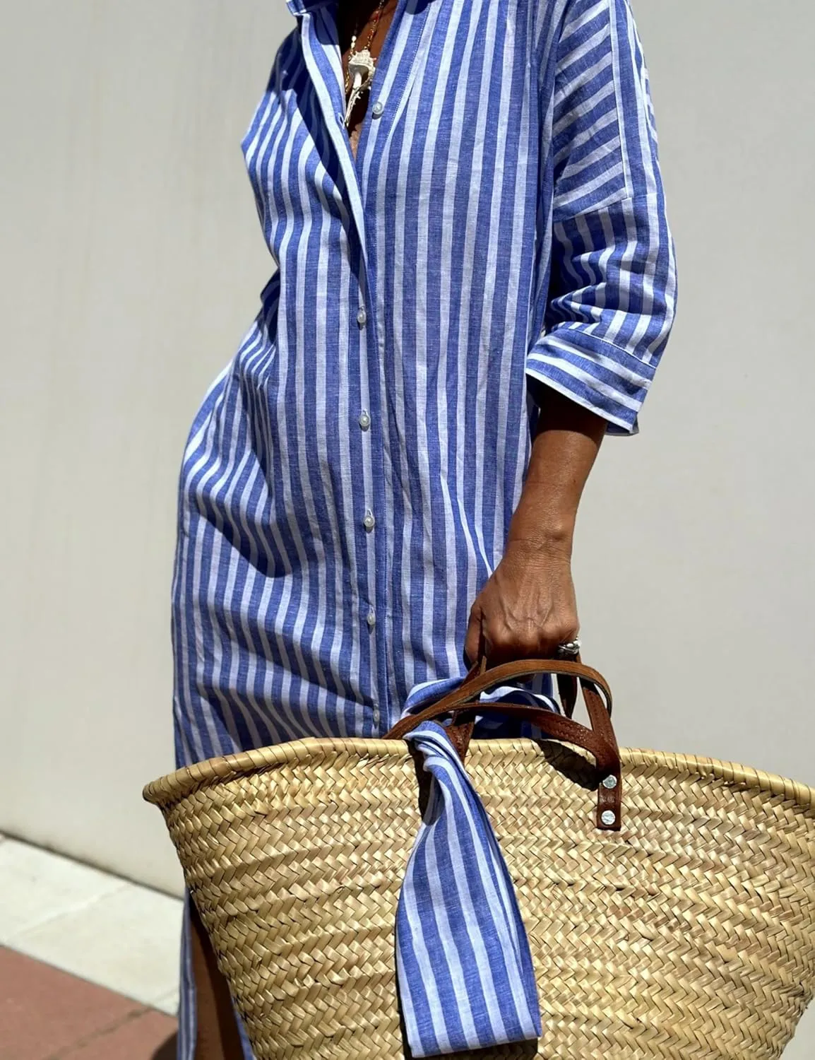 Women Button Down Striped Shirt Maxi Dress Casual Lapel 3/4 Sleeve Belted Loose Cotton Vacation Long Dresses