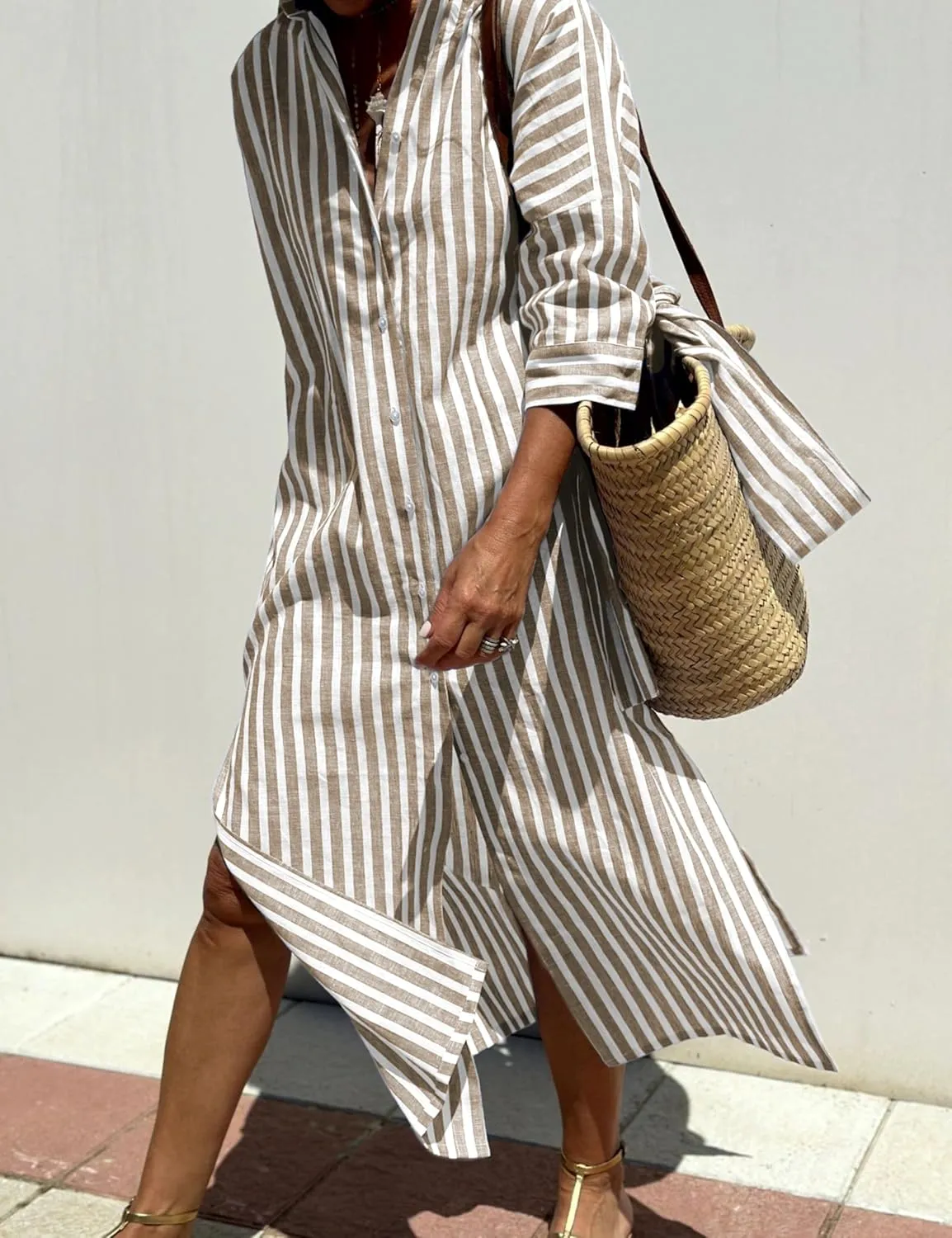 Women Button Down Striped Shirt Maxi Dress Casual Lapel 3/4 Sleeve Belted Loose Cotton Vacation Long Dresses