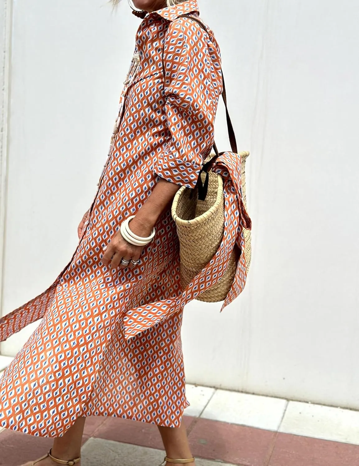 Women Button Down Striped Shirt Maxi Dress Casual Lapel 3/4 Sleeve Belted Loose Cotton Vacation Long Dresses