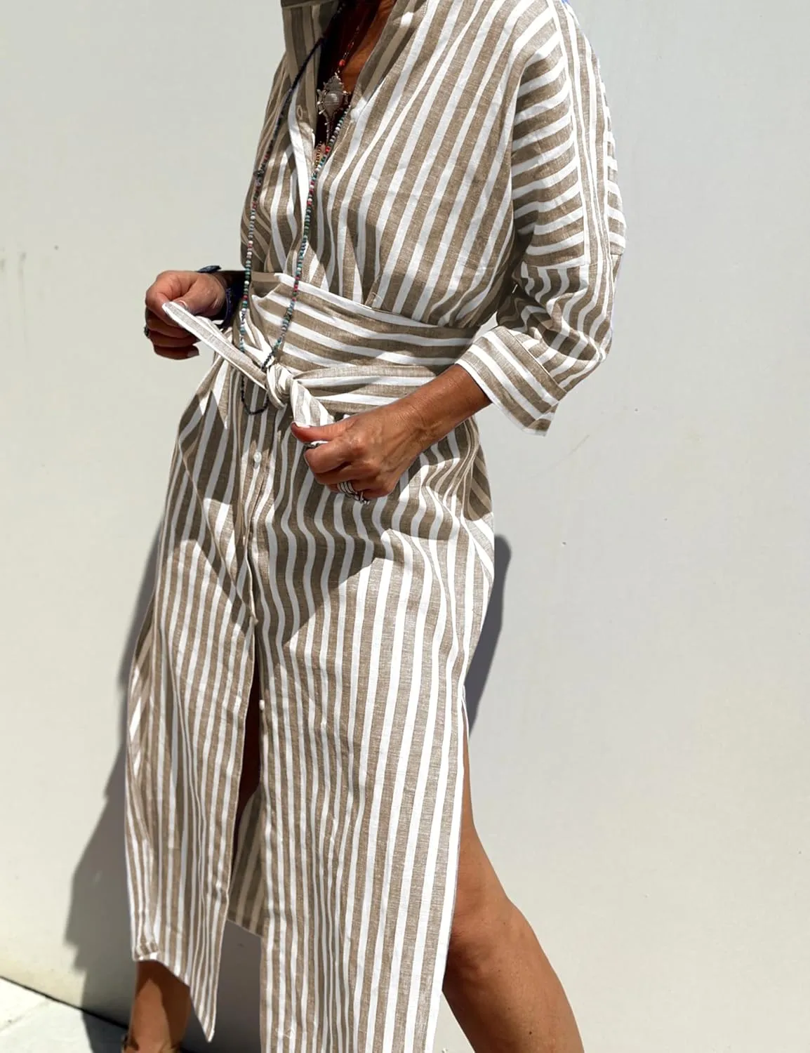 Women Button Down Striped Shirt Maxi Dress Casual Lapel 3/4 Sleeve Belted Loose Cotton Vacation Long Dresses