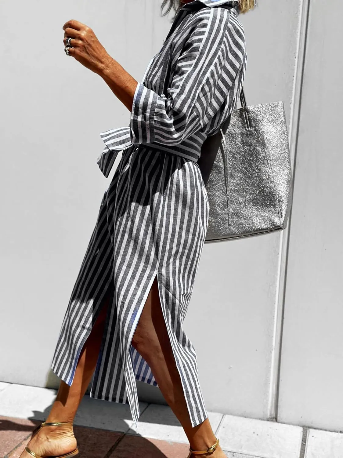 Women Button Down Striped Shirt Maxi Dress Casual Lapel 3/4 Sleeve Belted Loose Cotton Vacation Long Dresses