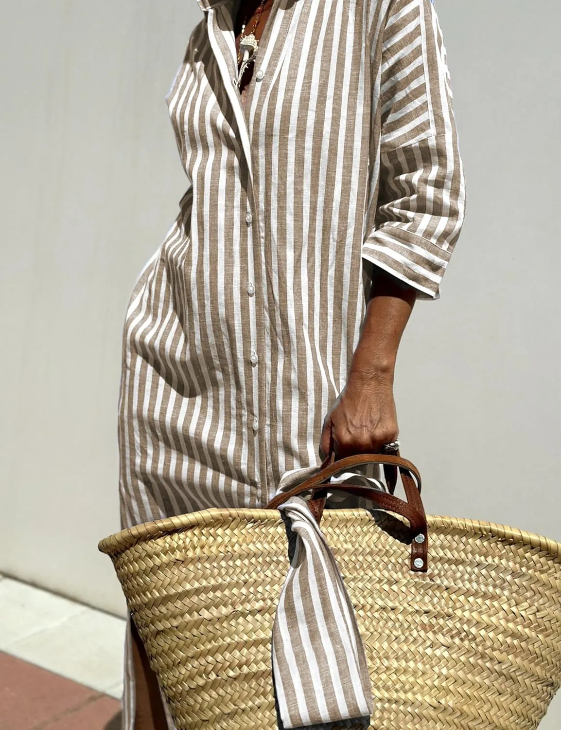 Women Button Down Striped Shirt Maxi Dress Casual Lapel 3/4 Sleeve Belted Loose Cotton Vacation Long Dresses