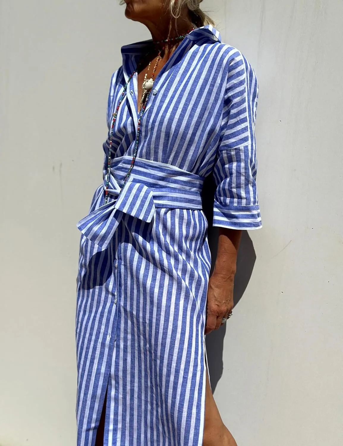 Women Button Down Striped Shirt Maxi Dress Casual Lapel 3/4 Sleeve Belted Loose Cotton Vacation Long Dresses