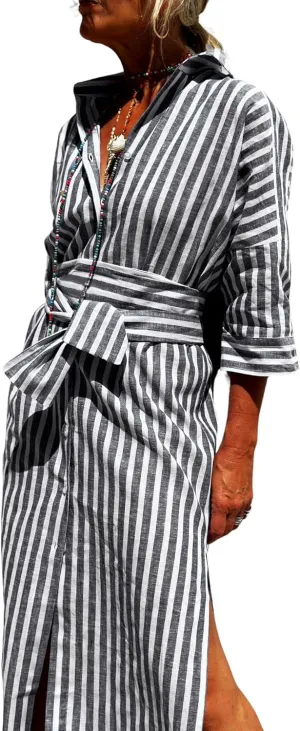 Women Button Down Striped Shirt Maxi Dress Casual Lapel 3/4 Sleeve Belted Loose Cotton Vacation Long Dresses